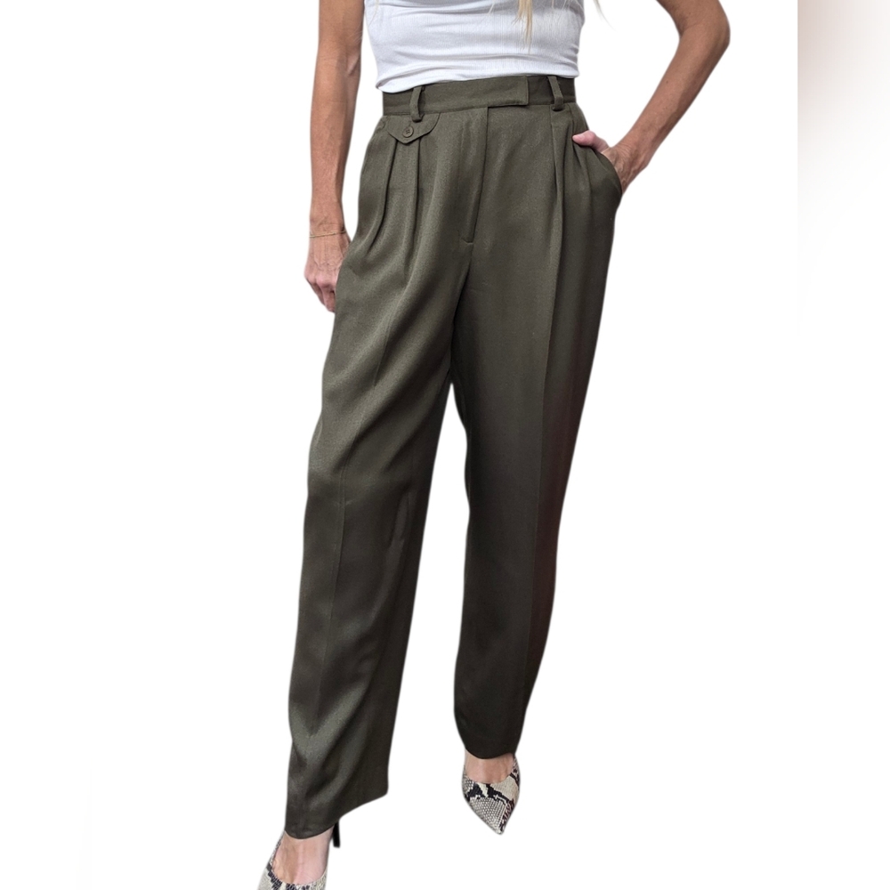 Vintage Via Seta Silk Wool Olive High Rise Pleated Trousers 6